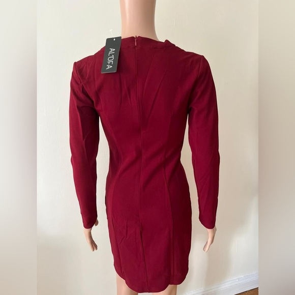 New Solid Red Elegant Long Sleeve V Neck Office Cocktail Party Dress, Small - Picture 7 of 10
